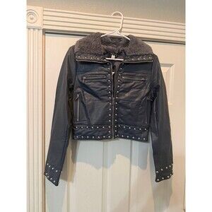Silence & Noise Venus Studded Blue Faux Leather Jacket NWT
